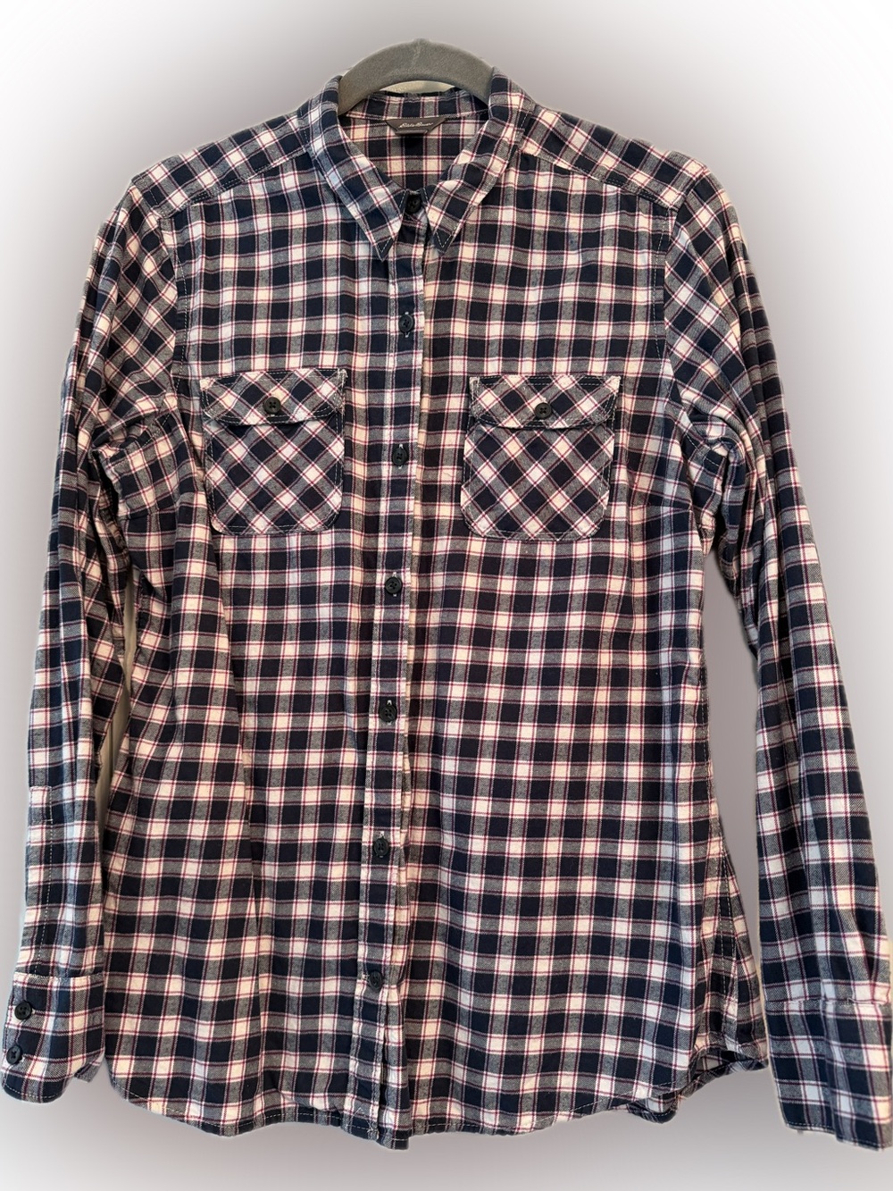 Women's Eddie Bauer Navy, White &  Magenta Plaid Shirt, Size Medium